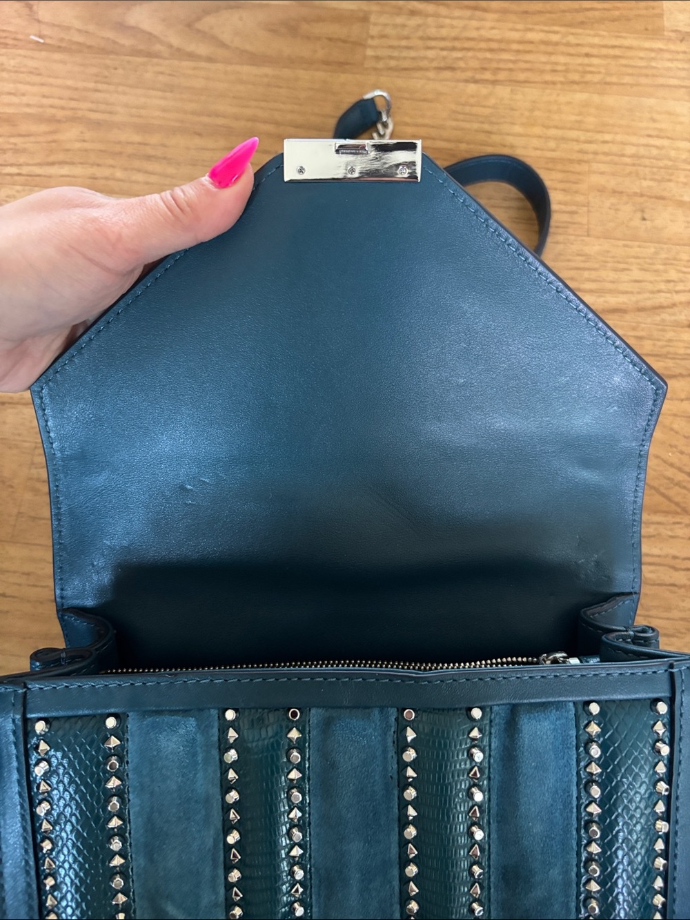 Michael Kora Teal and Studs Chain-Shoulder Crossbody Bag - Picture 10 of 11
